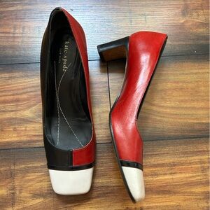 Kate Spade Black Red White Leather Heels color block Italy Sz 7.5B Square toe